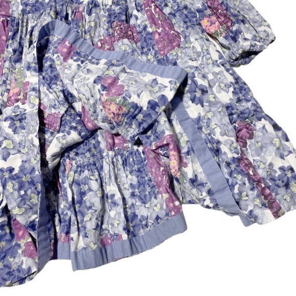 Vintage Purple Floral Bib Front Wide Tiered Long Sleeve Dress - Picture 3 of 4